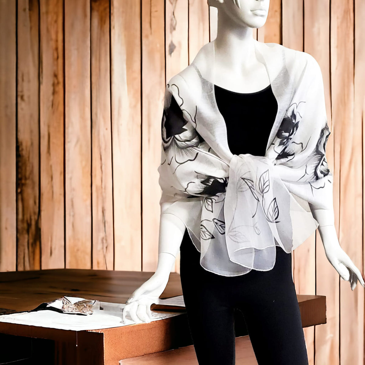 Corsica (White with Black Flowers) Scarf