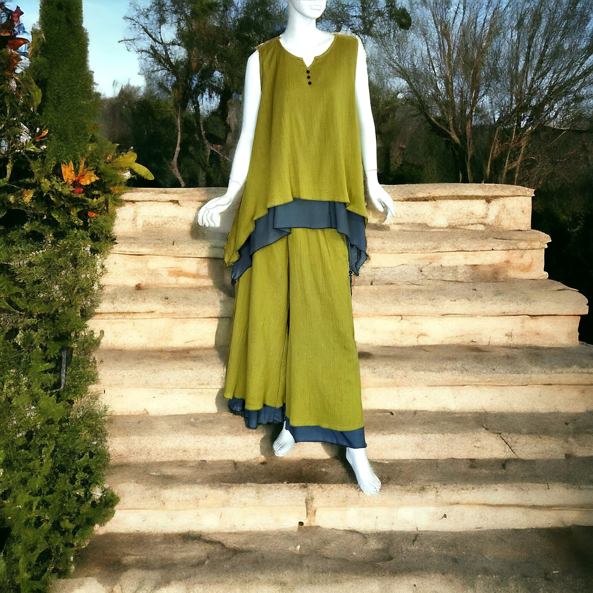 Napa (Khaki Green and Stone Gray) Women Top and Pants Set