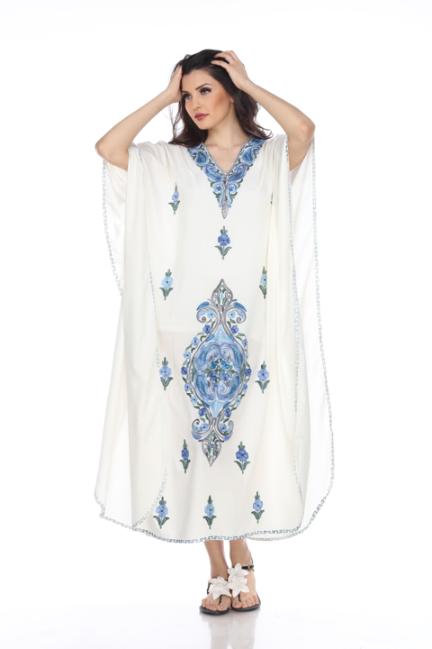 Kaftan Dress (White with Blue Flowers)