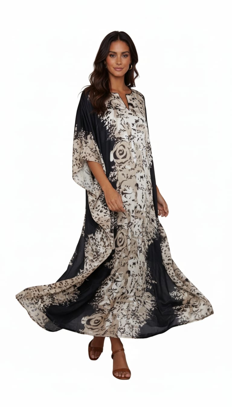 Kaftan Dress (Sheer Silky in Black with Beige)