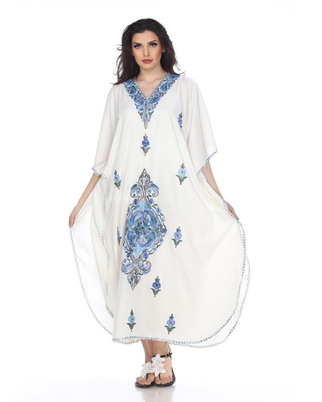Kaftan Dress (White with Blue Flowers)