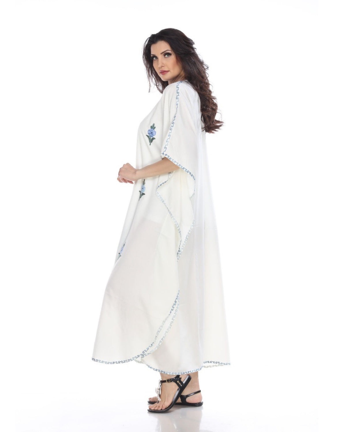 Kaftan Dress (White with Blue Flowers)